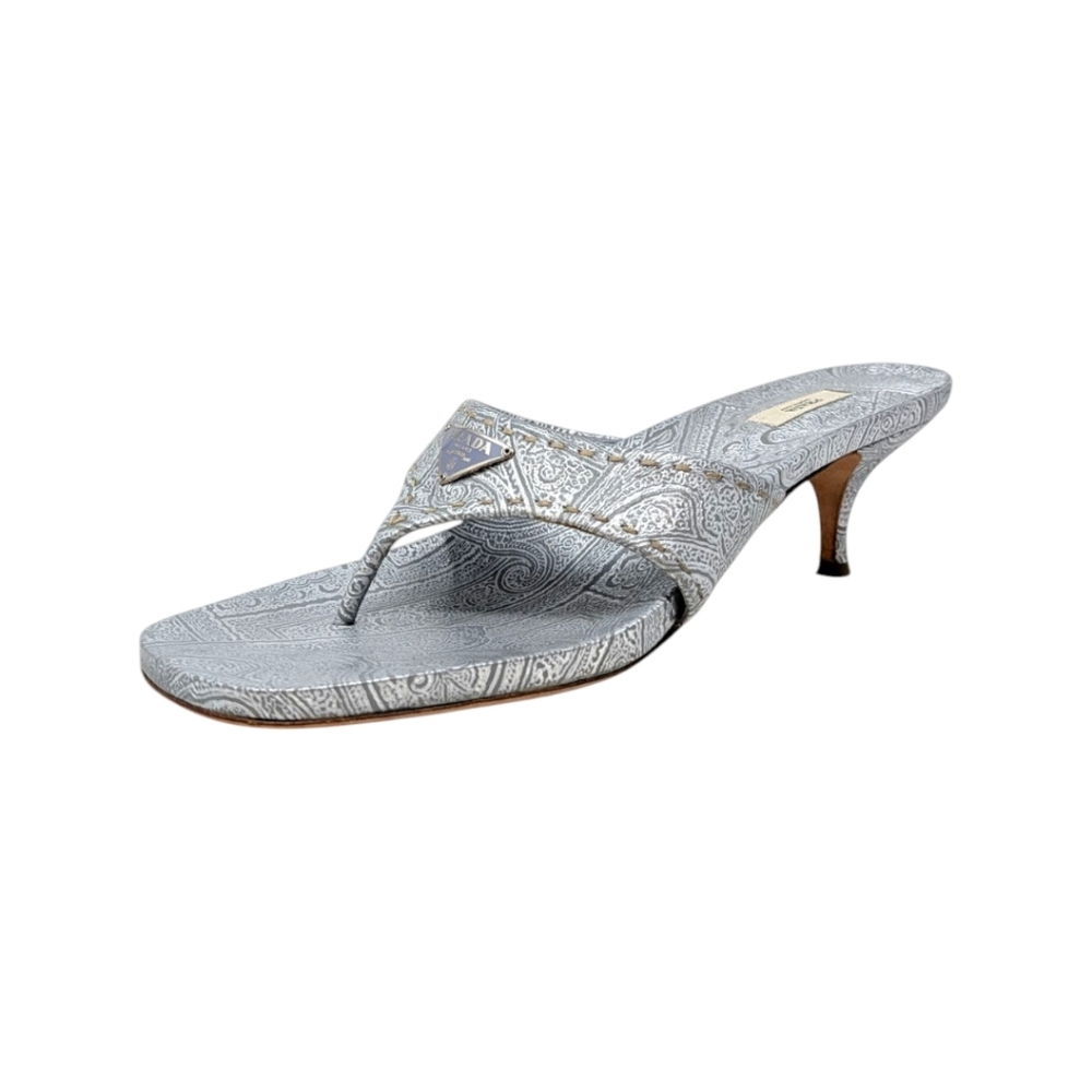 Vintage Prada Logo Kitten Heel Flip Flops Square Toe Sandal Mule Silver Blue 40